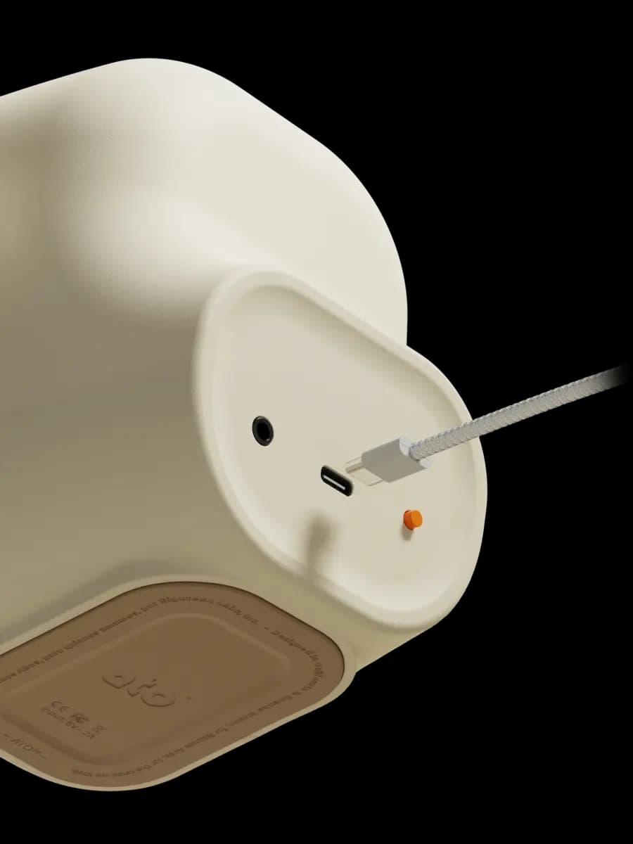 Close-up of Ato's power, charging, and audio connections