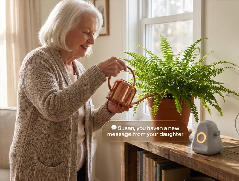 Adulta mayor recibiendo un mensaje familiar a través de Ato