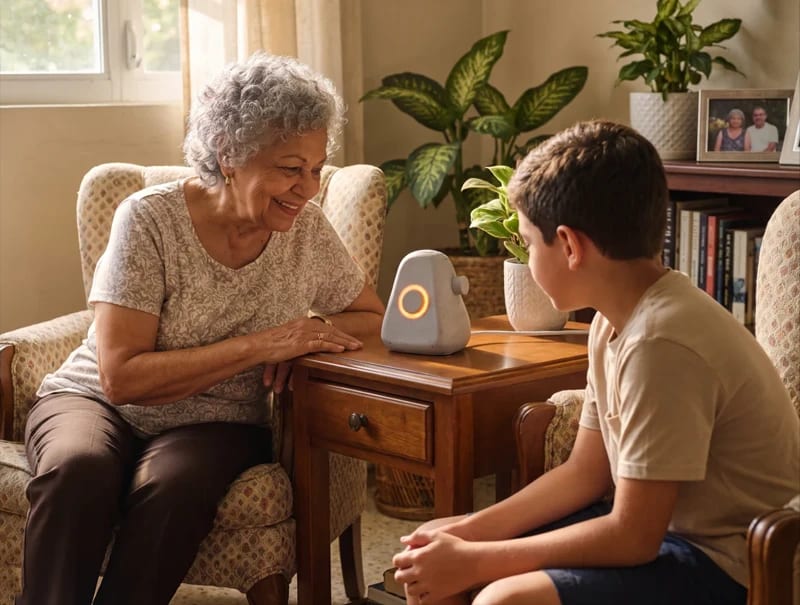 Older adult and family member speaking with multilingual Ato