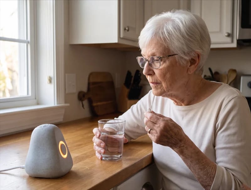 Older adult receiving a spoken reminder from Ato