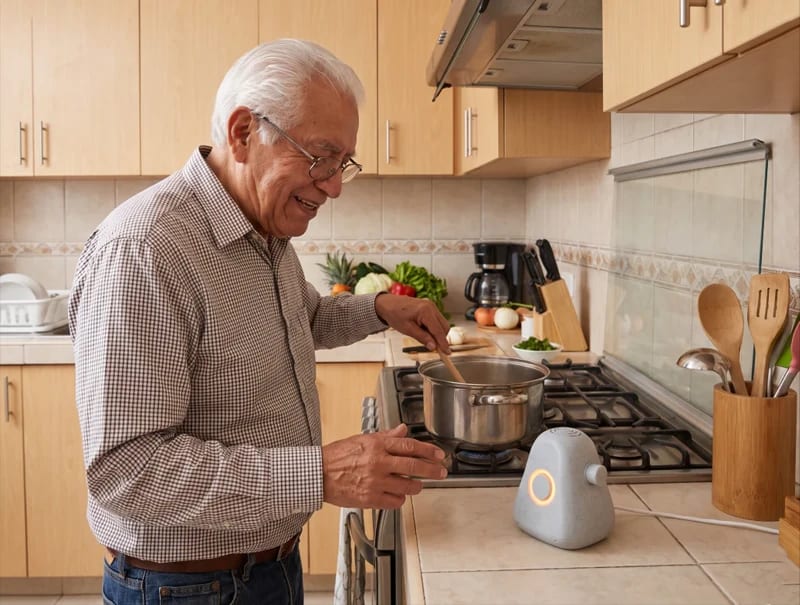 Adulto mayor usando Ato para búsquedas y respuestas por voz