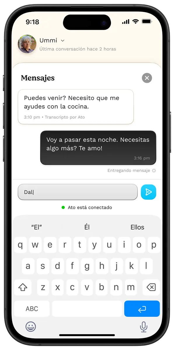 Ato Family App messaging screen for staying connected with seniors