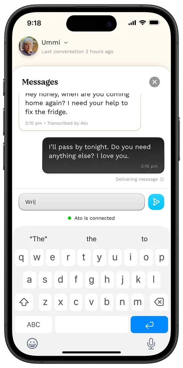 Ato Family App messaging screen for staying connected with seniors