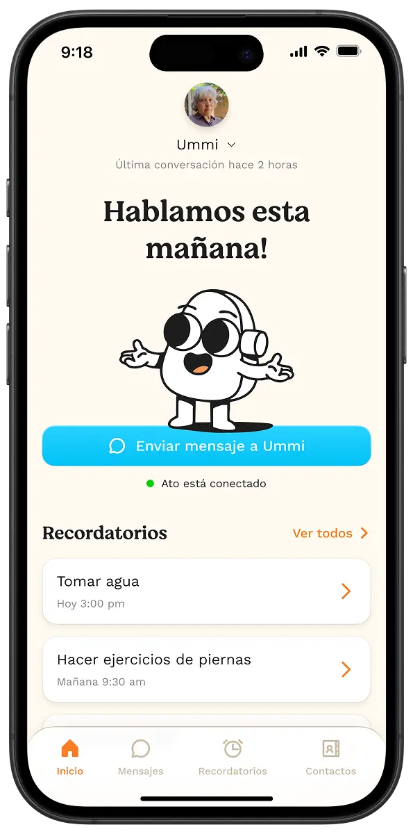 Ato Family App main dashboard showing activity reports and daily check-ins for senior care