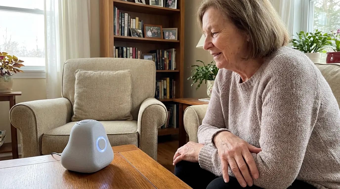 Ato screen-free AI device for seniors, a compact voice companion on a table