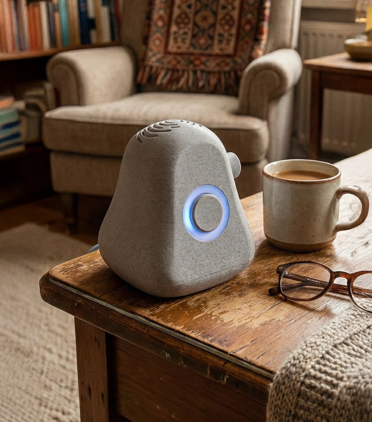 Ato screen-free AI device for seniors, a compact voice companion on a table
