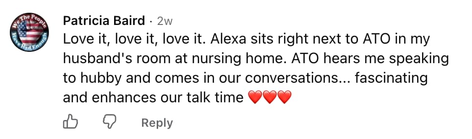 Facebook comment from Patricia Baird about Ato joining family conversations
