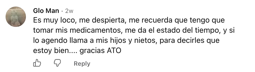 Comentario de Glo Man en Facebook sobre los recordatorios y llamadas familiares de Ato