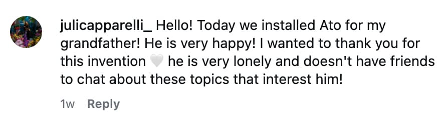 Social media comment from julicapparelli_ about installing Ato for a grandfather