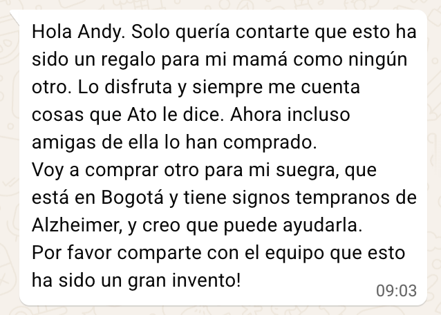 Mensaje de WhatsApp que describe a Ato como un regalo para una madre