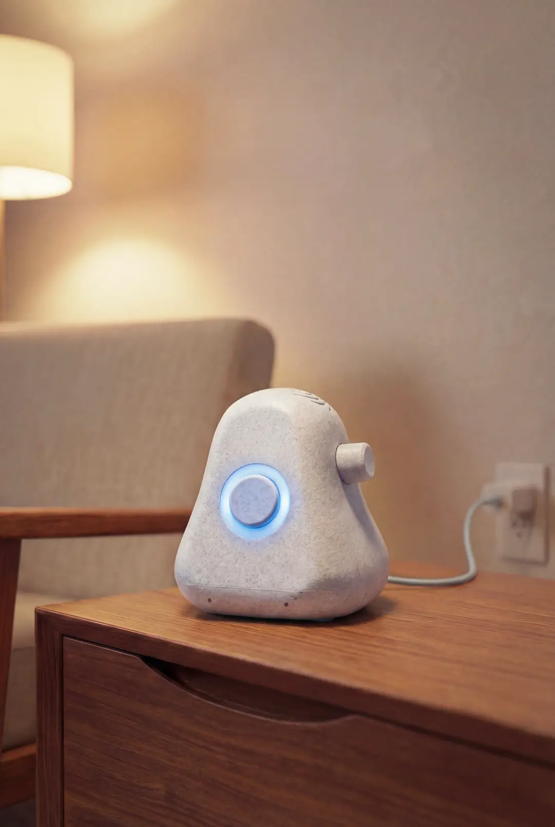 Older adult smiling while using Ato, the screen-free AI companion for seniors, on a nightstand